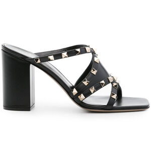 Valentino Rockstud Crisscross Leather Black Strappy Pump Block Heel Sandal 38.5